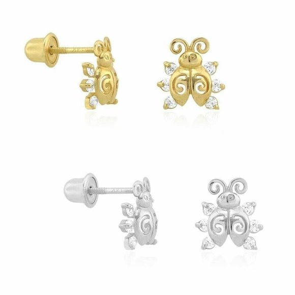 14k Solid Gold Round Cut White Zircon Ladybug Screw Back Stud Kid Earrings - Picture 1 of 7